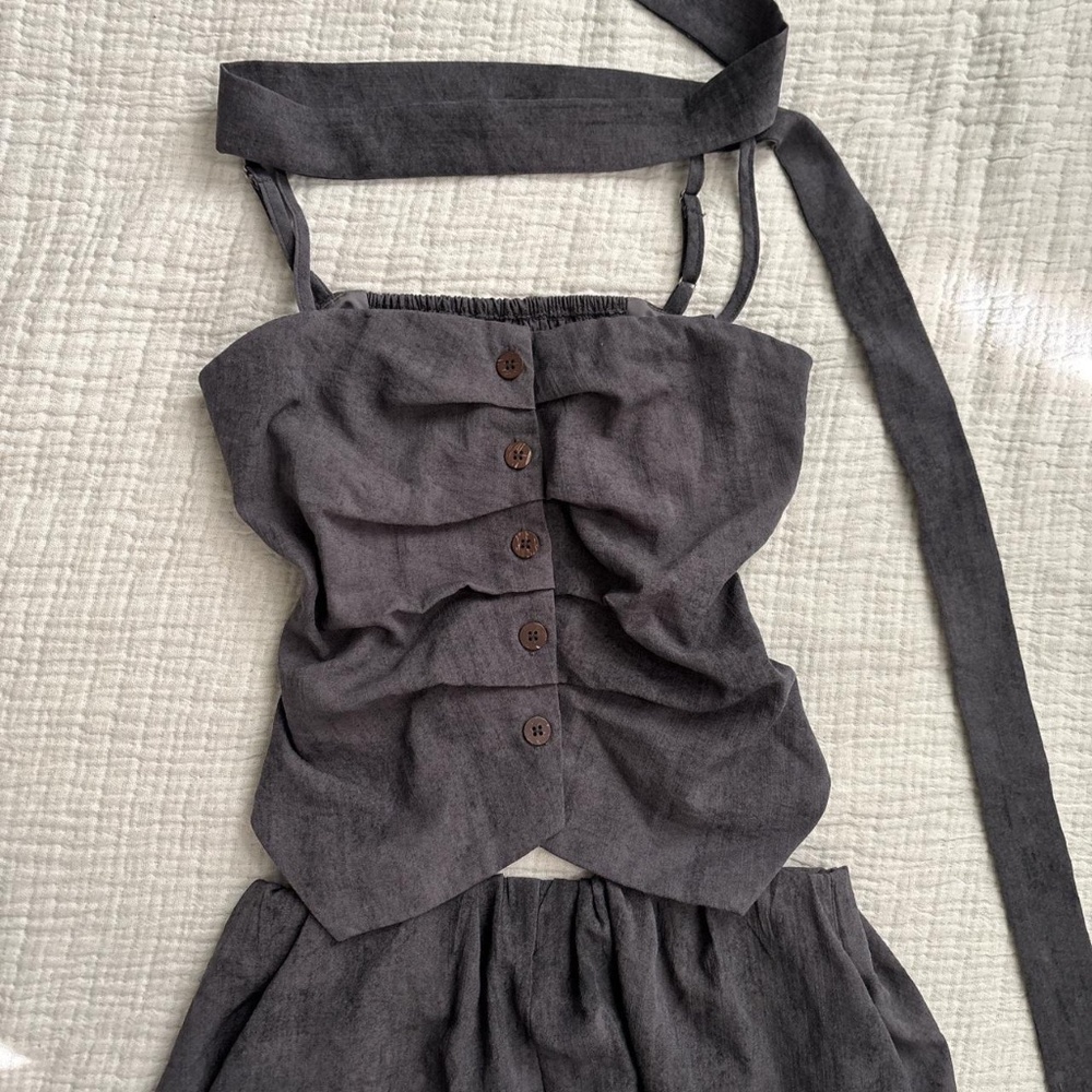 ruched grey boho button-up cami top, skirt, and skinny scarf set